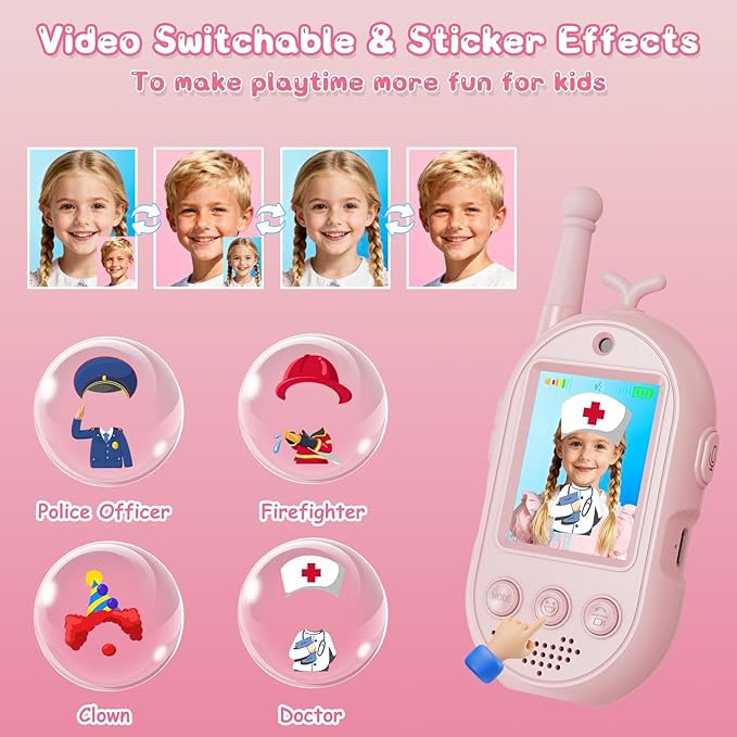 Video Walkie Talkies for Kids Toys - 2 Pack Rechargeable Walkie Talkie with Camera and Screen,Long Range 2 Way Radio for Outdoor Camping Games,Christmas Birthday Gifts for Boys Girls Age 3-12(Pink)