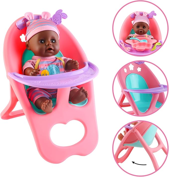 deAO Black Baby Doll Set - Mobile, High Chair, Stroller & Feeding Accessories - 21 Piece Play Set (Doll Included)