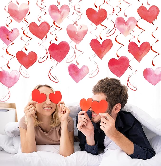 Red Pink Heart Hanging Swirl Decorations, Foil Ceiling Hanging Whirls for Valentines Day Decorations Galentines Birthday Engagement Wedding Party Supplies 24 Pcs