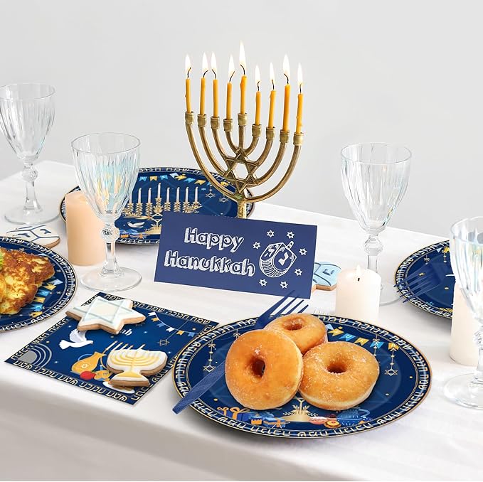 96PCS Happy Hanukkah Plates and Napkins - Hanukkah Decorations Chanukah Party Supplies Jewish Chanukah Disposable Tableware Set Serve 24 Guests