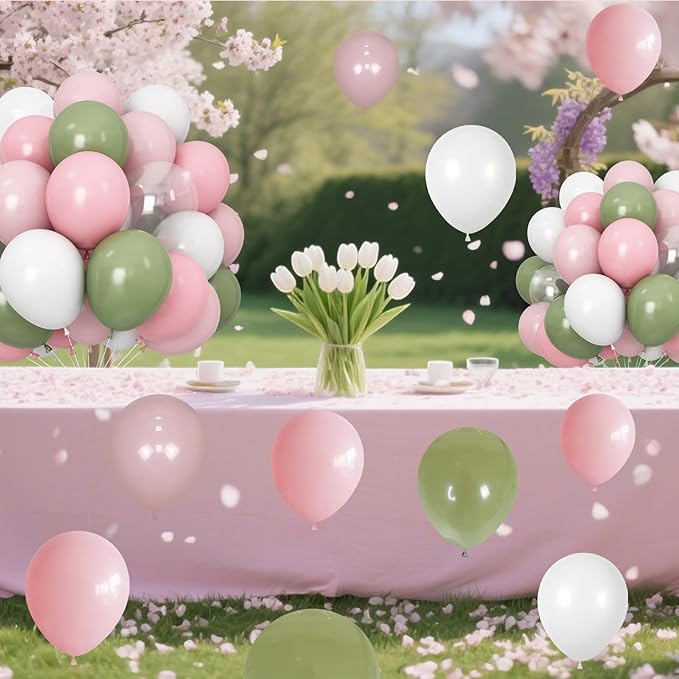 Dusty Pink Green White Balloons for Fairy Birthday Party Decorations 60PCS 12INCH Light Pink Sage Olive Green Clear Helium Latex Balloons for Arch Woodland Decor Butterfy Wildflower Baby Shower