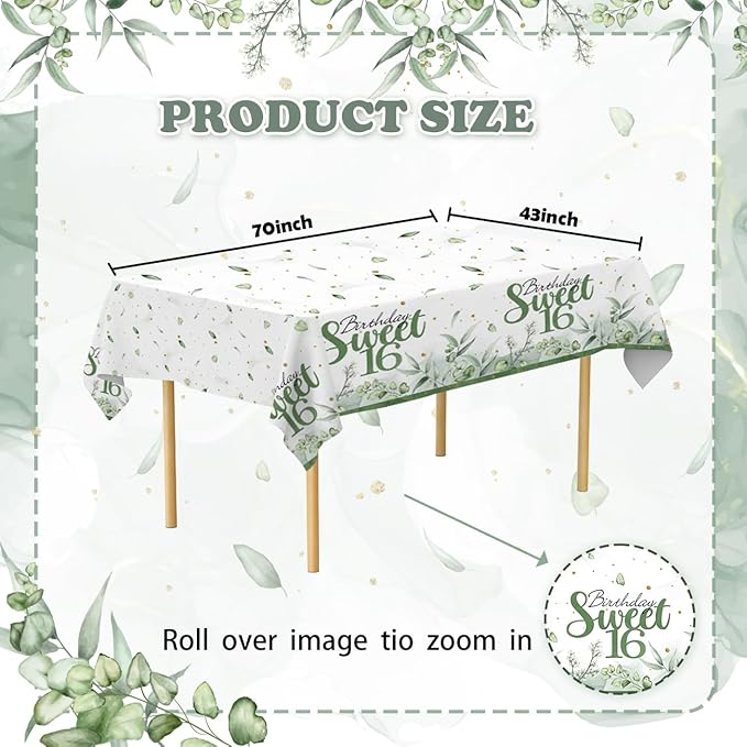 PATIAI Sweet 16 Party Decorations 3Pack Sweet 16th Tablecloths Sage Green 16th Birthday Disposable Plastic Rectangle Table Cover for Her Birthday Party Supplies 71 x 43 Inches
