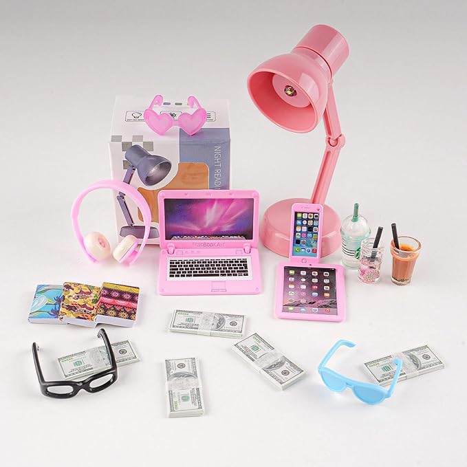 20Pcs Dollhouse Miniature Laptop Computer Tablet Phone Lamp Book Glasses Coffee Headset Simulation Accessories 1/12 1/6 Toy Pad Play Set Fits Barbie Doll Girl Mini Drink Party Office (Pink)