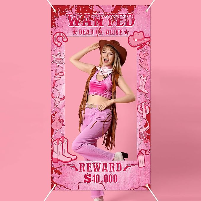 Cowgirl Party Decorations Pink Western Photo Booth Wanted Poster Photo Prop Photos Frame Banner for Wild West Birthday Decoration Supplies (Pink)