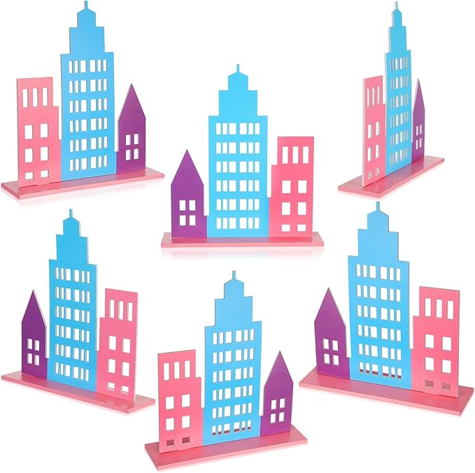 Geelin 6 Pcs Skyscraper Party Decorations Hero Party Decorations New York City Wood NYC Centerpieces City Skyline Building Decor for Comic Birthday Favors Supplies(Hollow Style,Pastel Color)
