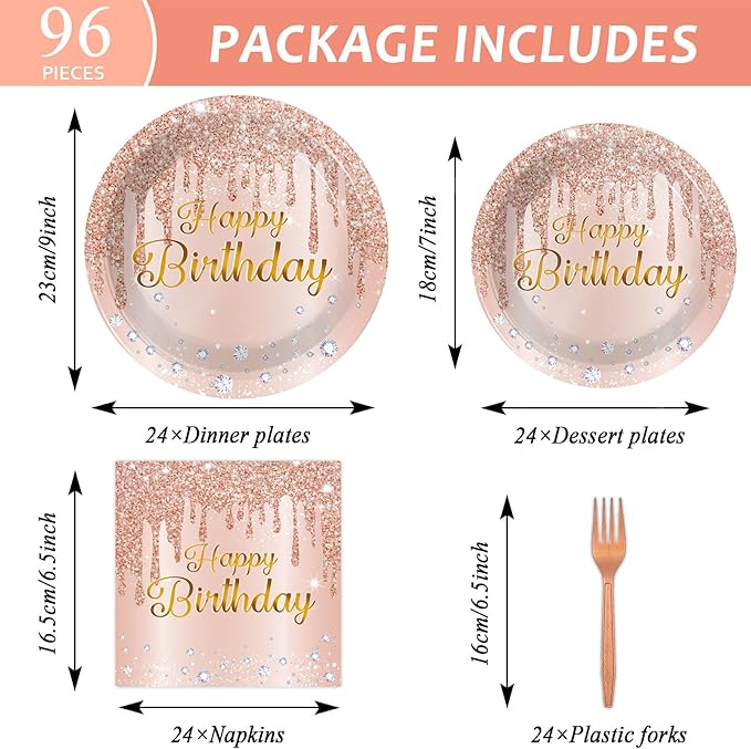 ZOIIWA 96 Pieces Happy Birthday Tableware Set for Pink Rose Gold Table Decorations Supplies Dessert Plates Napkins Forks Women 24 Guests Disposable Party Favors