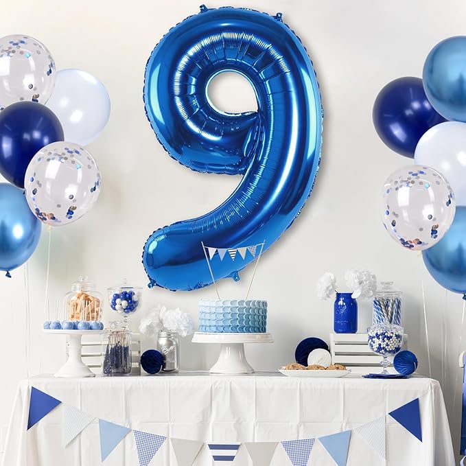Navy Blue 9 Balloons, 40 Inch Dark Blue Foil Number 9 Balloon Set, XXL Self Inflating 9 Helium Balloon with Metallic Blue Silver Confetti Balloon for Boys 9th Birthday Anniversary Party Decorations