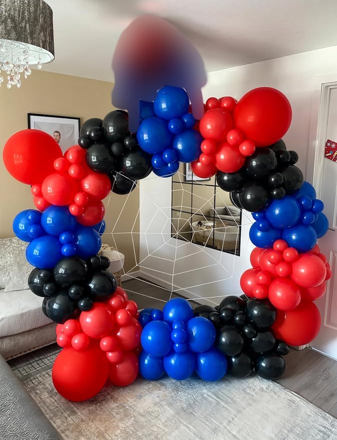 Black Red and Blue Balloons Arch Garland Kit, 106pcs Spider Theme Balloon Arch Kit with Starburst Foil Balloons, Hero-Themed Party Decorations and Birthday Backdrop for Boys