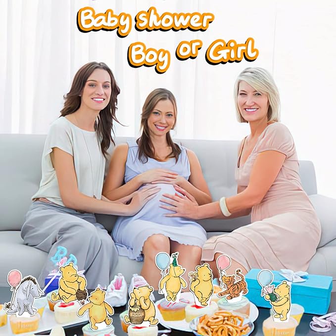 48 Pcs Winnie Baby Shower Cupcake Toppers for Classic Birthday Party Supplies Cute Winnie Cake Topper for Baby Shower Decorations