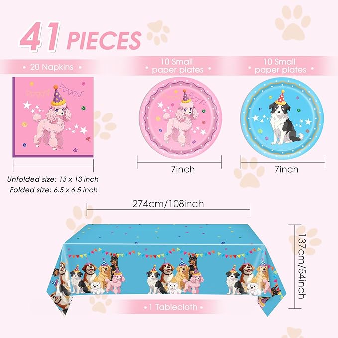 41Pcs Pet Dog Birthday Party Supplies Retro Dog Paper Plates and Napkins Colorful Puppy Birthday Plastic Tablecloth Tableware Disposable Pet Dinnerware Decor Set for Kids Party Baby Shower Table Decor