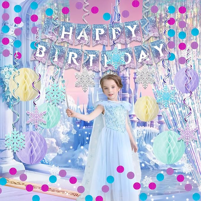 Frozen Birthday Party Decorations, Princess Party Supplies Winter Theme Happy Birthday Banner, Honeycomb Balls, Hanging Swirls, Snowflakes for Princess BirthdayS Decoration Girl Party