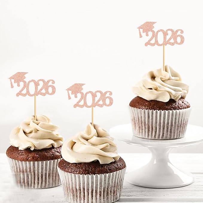 24 Pcs graduation cupcake toppers 2026, Food/Appetizer Picks For Graduation Party Mini Cake Decorations, 2026, Cupcake Toppers(Rose gold)