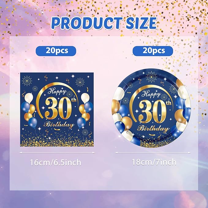 40PCS Happy 30th Birthday Decorations Navy Blue and Gold Thirty disposable tableware Include Plates Napkins for Man 30th Birthday Anniversary Party Supplies