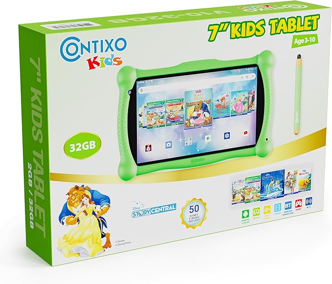 Contixo V10A 7" Kids HD Learning Tablet for Ages 3–7 with 32GB, Parental Controls, Kid-Proof Case, Stylus & 50+ Disney eBooks ($200 Value), Educational Games Included, Green