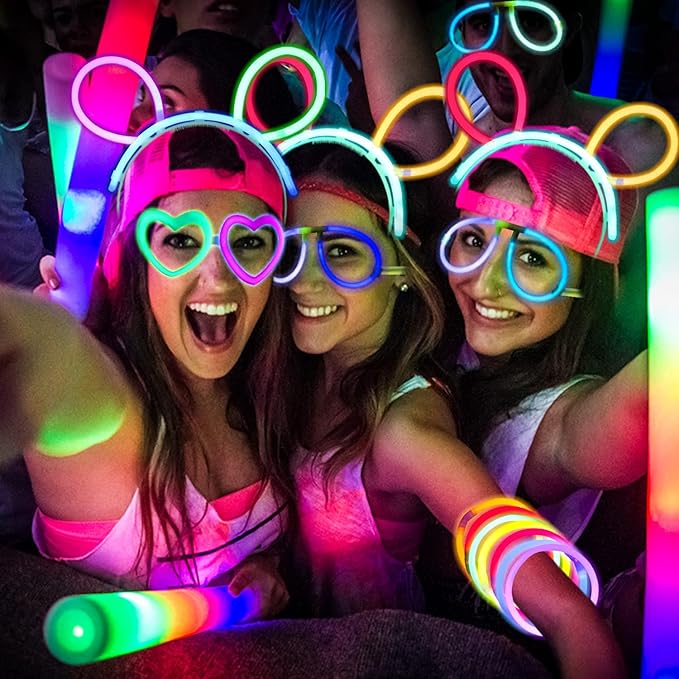 255 PCS Glow Neon Party Supplies Glow Sticks Party Decorations Black Light Reactive Decor Set - Fluorescent Banner, Glows in The Dark Balloons, Neon Tablecloths, Cake Toppers, Light Up Sticks, Glasses