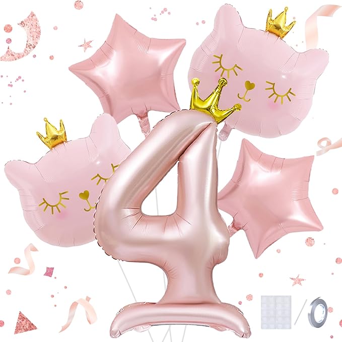 Pink Cat Balloon Set, Crown Cat Foil Balloon, 4 Year Old Girl Birthday Party Decoration, Cat Theme Party Decoration, Theme Party Supplies for Girls Kitten Pet Cat (4)