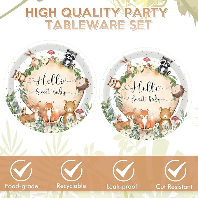 40PCS Woodland Animals Baby Shower Decoration Include Woodland Plates and Napkins Set for Forest Animal Neutral Gender Reveal Party Supplies Woodland Themed Birthday Party, Serves 20
