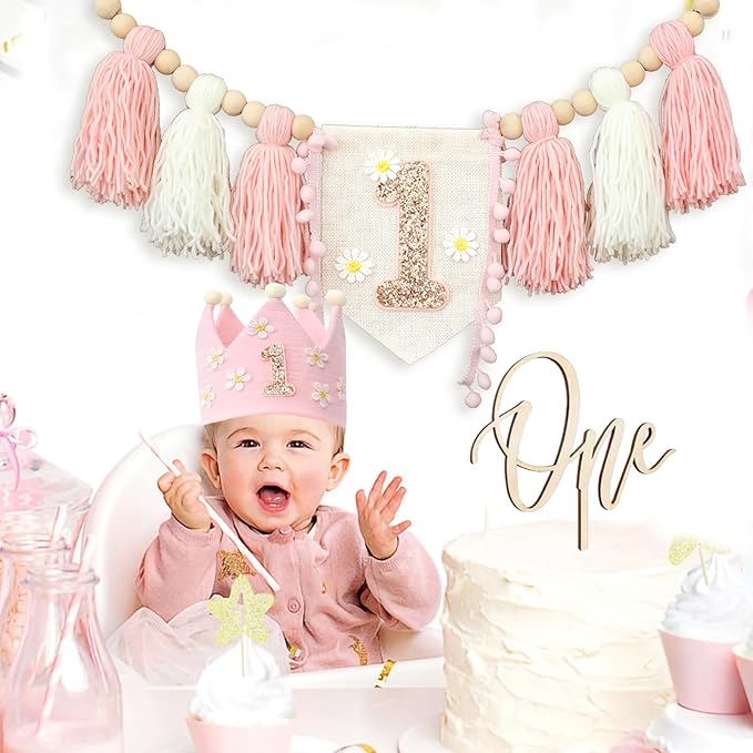 Daisy 1st Highchair Wood Bead Tassel Garland Crown Hat Wooden Cake Topper Birthday Baby Shower Decorations