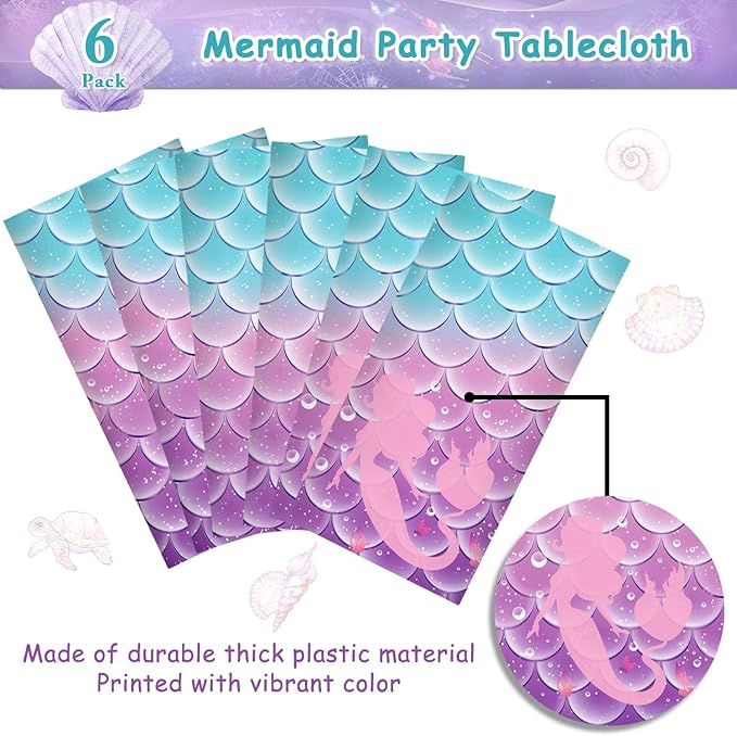 Jectivs 6Pcs Mermaid Birthday Party Tablecloth Decorations,Disposable Plastic Table Cover for Princess Under The Sea Baby Shower Themed Kids Birthday Party Supplies,108x54 Inch