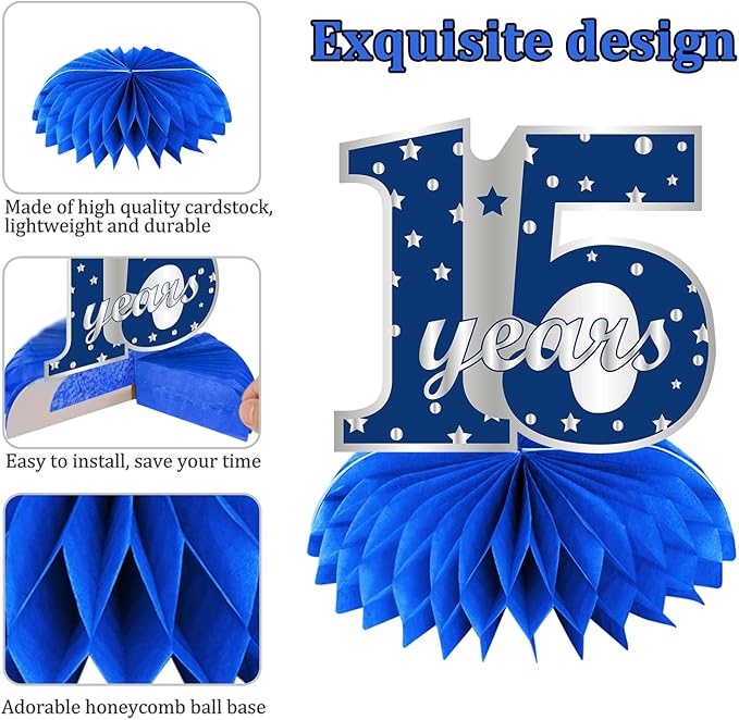 Kauayurk 8Pcs 15th Birthday Honeycomb Centerpieces Decorations for Boys, Blue Silver 15 Year Old Table Centerpiece Party Supplies, Fifteen Topper Decor Sign