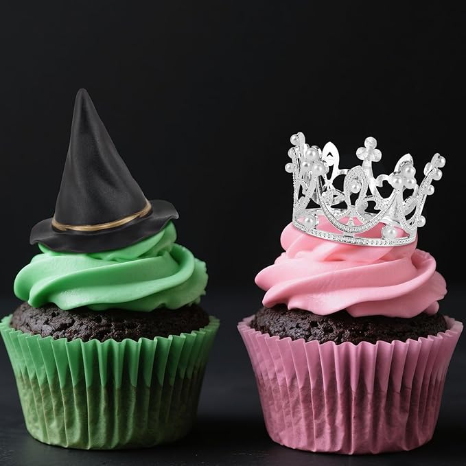 33 Pieces Pink and Green Cake Decorations with Mini Black Witch Hat, Silver Crown, Balloons, Happy Birthday Cake Topper for Girls Women Princess Witch Birthday Party Decorations Supplies