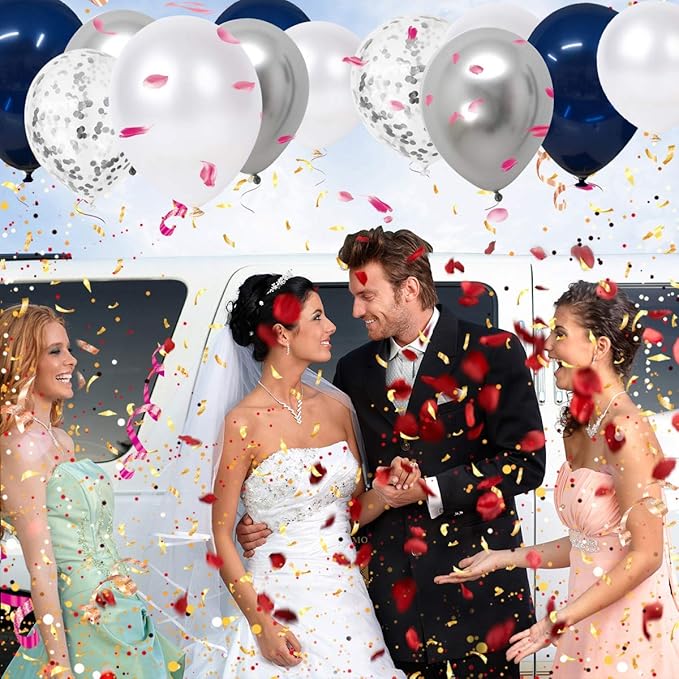 Navy Blue and Silver Confetti Balloons 50 pcs, 12 inch White Pearl and Silver Metallic Chrome Party Balloons for 2026 Graduation Party Decorations (Pack of 2)