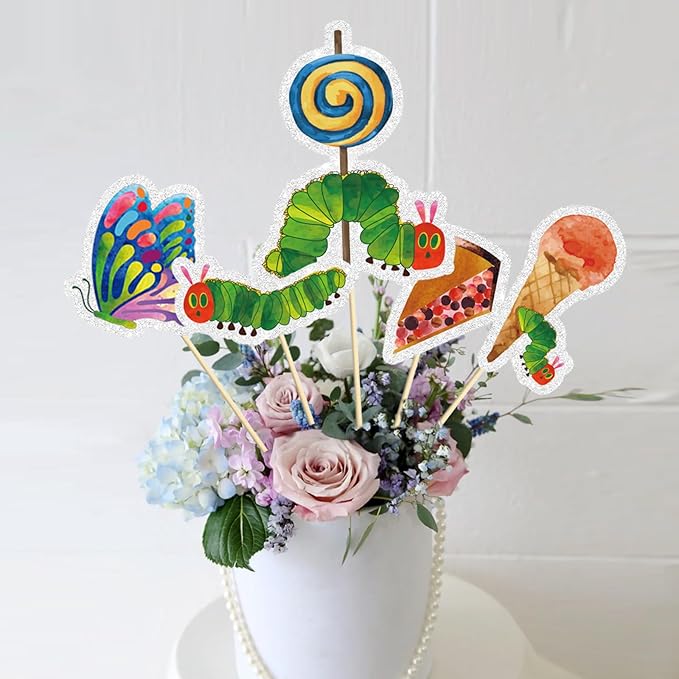 15PCS Hungry Caterpillar Party Decorations,Reading Story Theme Centerpieces Decorations Stick Table Toppers For Fairy Tales Birthday Party Baby Shower Party Supplies