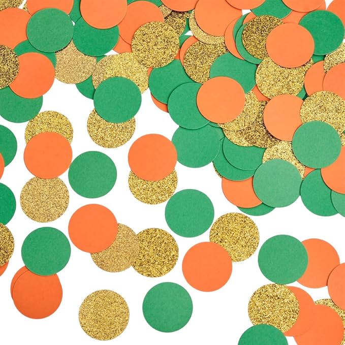 Gold Orange and Green Confetti Table Decoration for Baby Shower Jungle Tropical Summer Birthday Graduation Party, 1.2 inch in Diameter, 200 Counts