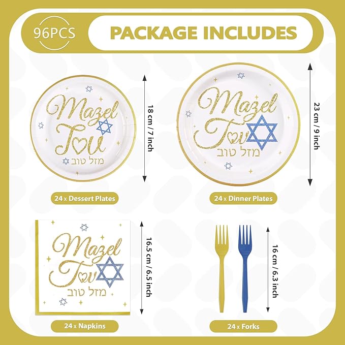 96Pcs Mazel Tov Party Decorations Congratulations Plates and Napkins Gold Blue Disposable Paper Tableware Set for Bar Mitzvah Bridal Shower Engagement Jewish Party Supplies Serves 24
