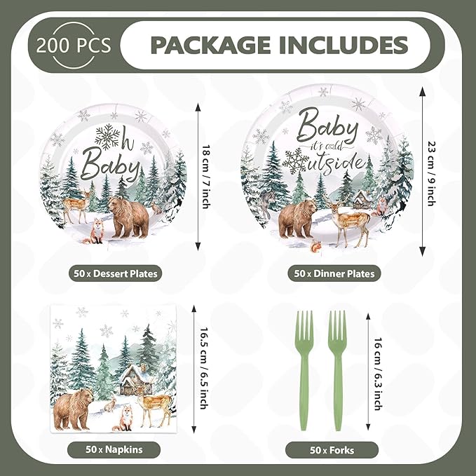200Pcs Baby It's Cold Outside Plates and Napkins Disposable Winter Onderland Baby Shower Decorations Winter Snowflake Animals Woodland Tableware Sets for Girl Boy Shower Birthday Supplies Serves 50