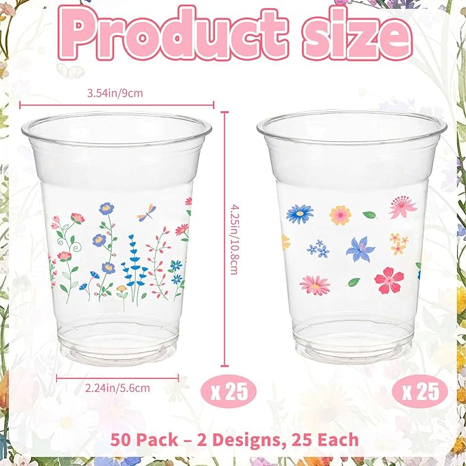 50pcs Wildflower Plastic Cups, 12 Oz Floral Clear Disposable Cups Bulk, Vintage Flower Plastic Drinking Cup for Spring Summer Party Favor Flower Birthday Wedding Party Supplies