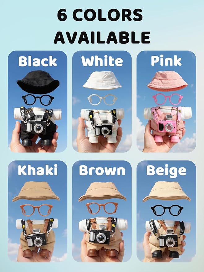17cm Doll Clothes Set, Hat & Overalls & Shirt & Shoes & Glasses & Camera Set for 17cm Accessories Suit, Stylish Dolls Clothes Accessories, Cute Clothes for Dress up Unique Style (Khaki)