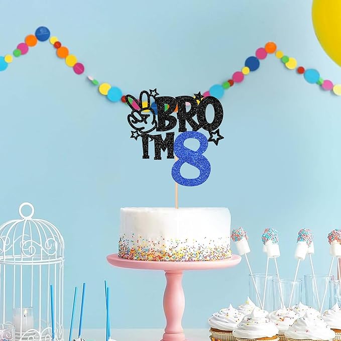 1 PCS Brother I'm 8 Cake Topper Glitter Star Happy 8th Birthday Cake Pick Bro I'm 8 Cake Decoration It's My 8th Birthday Decorations for Boys Cheers to 8 Years Old Birthday Party Supplies Blue