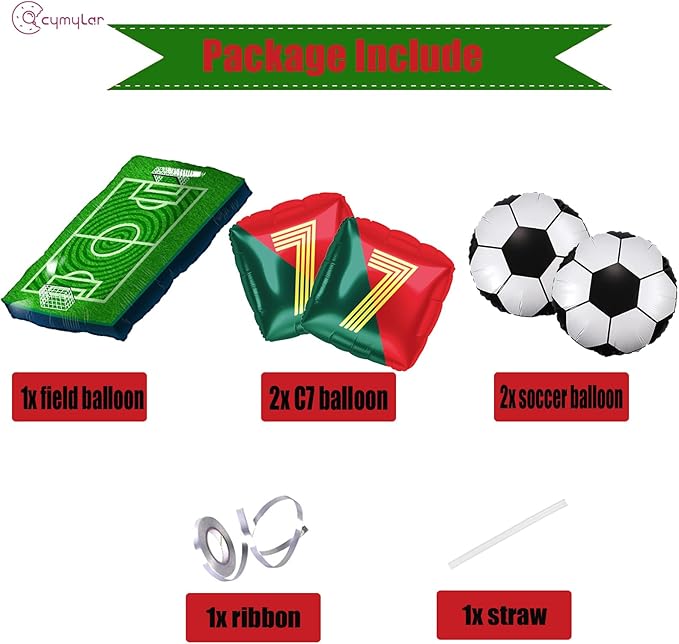 Number 7 Soccer Star Balloon Set - 4 Red and Green National Team Jersey Balloons 1 Football Field Balloon | Perfect for Soccer Birthday Party Decorations | Legendary Football Fans Party Supplies