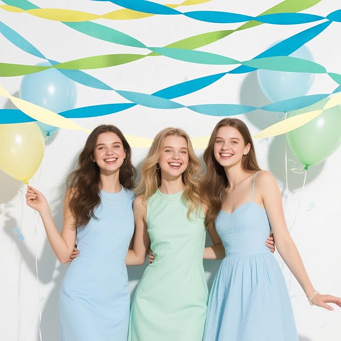 Crepe Paper Streamers Party Decorations, 6 Rolls of Blue, Pastel Blue, Green and Lime Party Streamers for Birthday Wedding Baby Shower Party Decorations Supplies