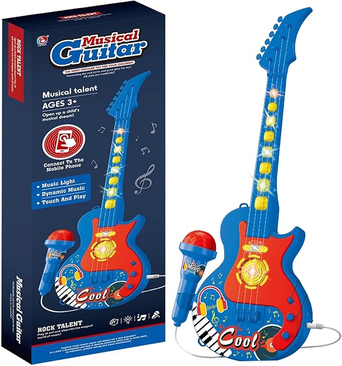 The All-in-One Microphone Toy, Portable Kids Karaoke Machine, Kids Microphones with Stand, with Flashing Stage Lights and Pedals, Guitar Toys for Fun Musical Effects (Blue, Guitar)