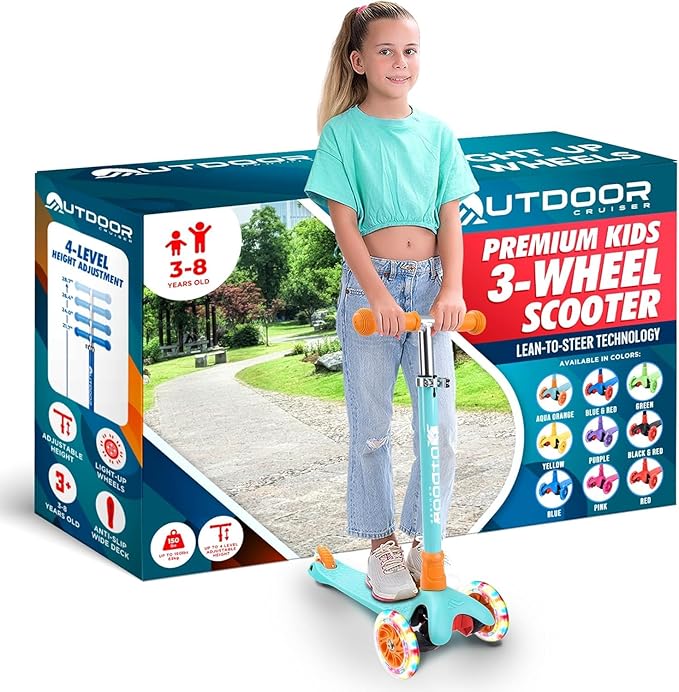 Outdoor Cruiser 3-Wheel Kids Scooter – with Lean-to-Steer Technology, Led Lighted Wheel, 4-Level Adjustable Height T-bar Handle, Support Kids Up to 150 Lbs, for Boys & Girls Ages 3-8, Aqua and Orange