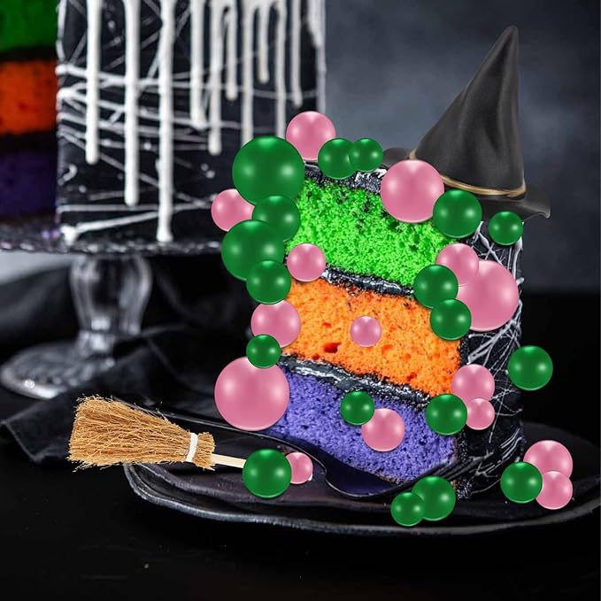 44 Pieces Pink and Green Cake Decorations with Mini Black Witch Hat, Silver Crown, Broom, Balloons, Happy Birthday Cake Topper for Girls Women Princess Witch Birthday Party Decorations Supplies