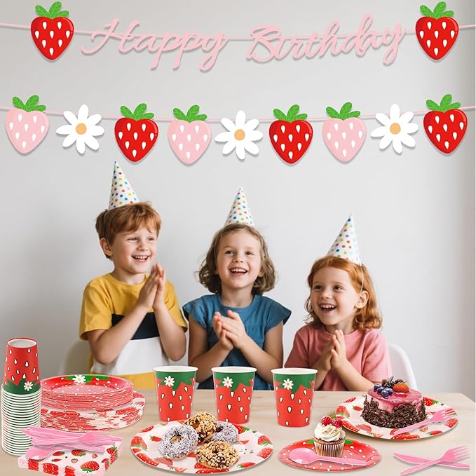 OuMuaMua 177Pcs Strawberry Birthday Party Plates Napkins Banners Supplies Summer Fruit Disposable Tableware Set for Girls Berry First Sweet One 1st Baby Shower Strawberry Theme Decorations, Serves 25