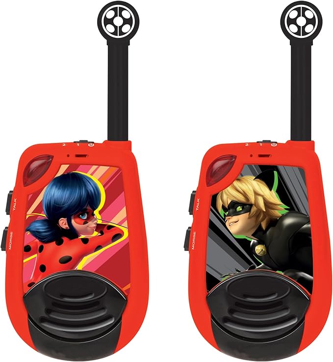 LEXiBOOK Miraculous - Digital Walkie-Talkies for Children - 2 km Transmission Range, Morse Light Function, Belt Clip for Transport, 2 Channels, Battery, Red, TW25MI