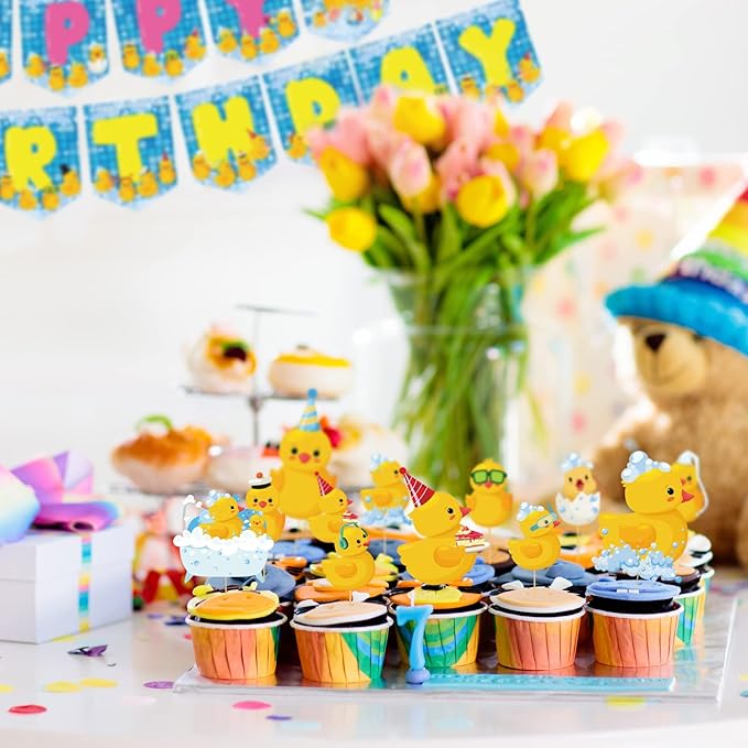 Leitee 57 Pcs Blue Duck Birthday Decorations Balloons Party Happy Birthday Banner Cake Topper Cupcake Toppers Rubber Duck Decor for Birthdays Party Supplies