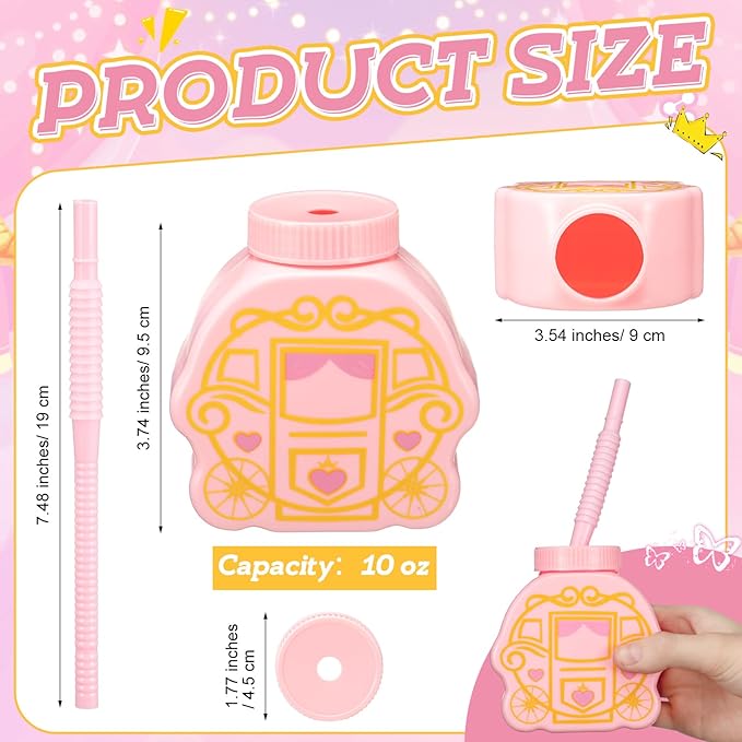 12 Set Princess Carriage Cups with Straws and Lids, Pink Princess Birthday Party Supplies 10 oz Plastic Reusable Carriage Cups for Girl Themed Birthday Party Favor