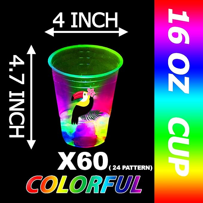 mishunyus 60 Pcs Glow Hawaiian Luau Party Cups, Flashing Tiki Party Cups, Tropical Luau Party Decorations Hawaiian Party Supplies Favor (16oz)