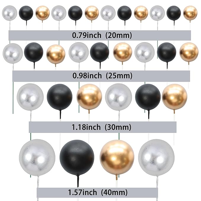 Gyufise 30Pcs Ball Cake Toppers Ball Cake Picks Ball Shaped Cupcake Insert Cake Topper for Bear Theme Birthday Party Favors Wedding Decoration Supplies Black Gold Silver