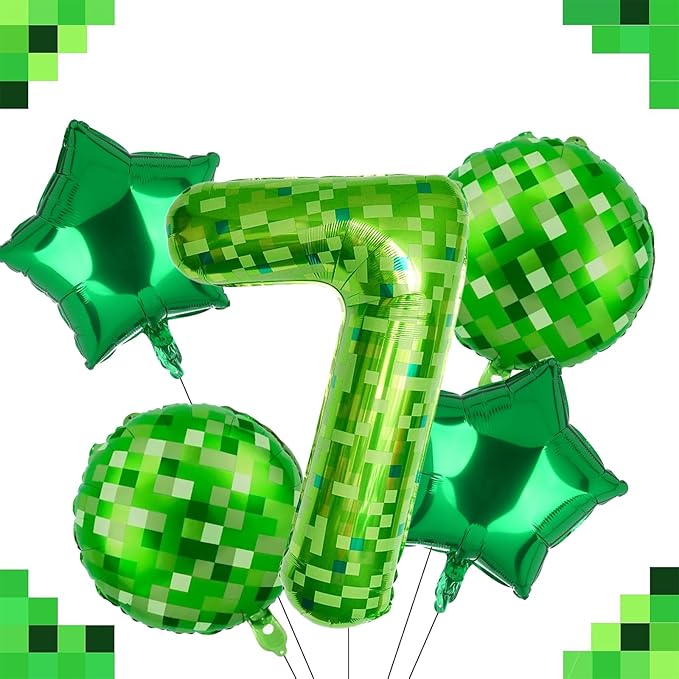40 Inch Green Pixel Miner Number 7 Foil Balloon Set 5Pcs Large Mylar Mining Theme 7th Number Balloons Pixel Cubes Video Game Birthday Party Decorations
