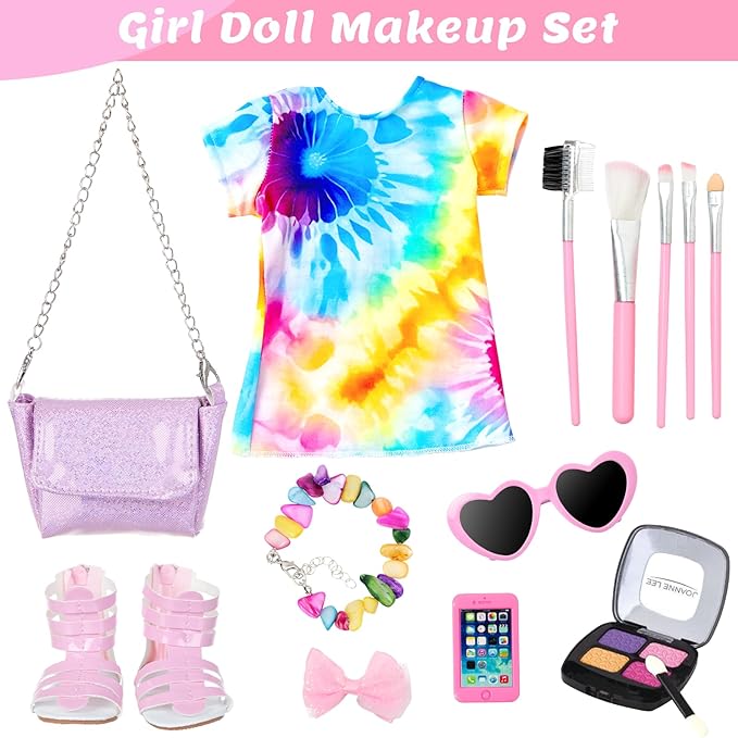 13 Pcs American 18 Inch Doll Accessories and Clothes, Doll Makeup Accessories Set Include Makeup Brush, Eye Shadow,Necklace, Shoulder Bag, Dress,Shoes,Bow Knot Hairpin(No Dolls)