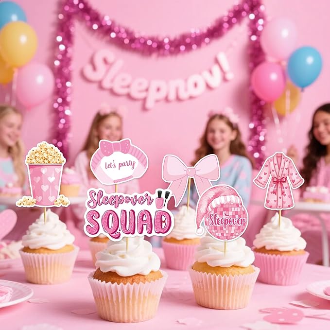 36 Pcs Sleepover Cupcake Toppers Slumber Party Cake Decorations Hot Pink Pajama Slumber Party Decorations Cupcake Toppers for Girls Ladies Night