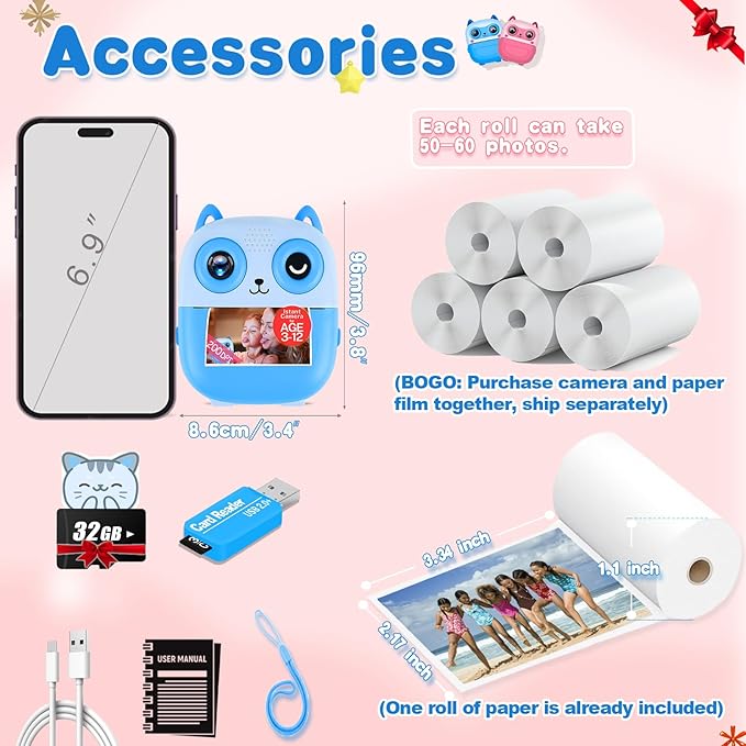 Kids Camera Instant Print, 32G 1080P HD Dual-Lens Selfie Digital Cameras, Christmas Birthday Gifts for Girls Boys, Toddler Portable Toys for 3 4 5 6 7 8 9 10 Year Old Girl-Blue