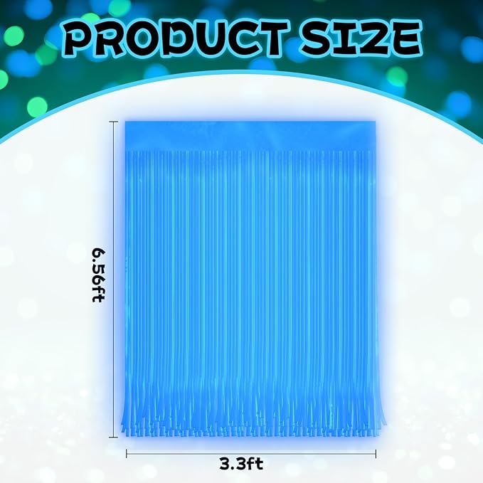 2 Pack Glow in The Dark Curtains Party Supplies 6.6 x 3.3 Ft Glow Tinsel Foil Fringe Curtains Blue Photo Booth Prop Backdrop Streamer for Birthday Holiday Neon Party Decoration