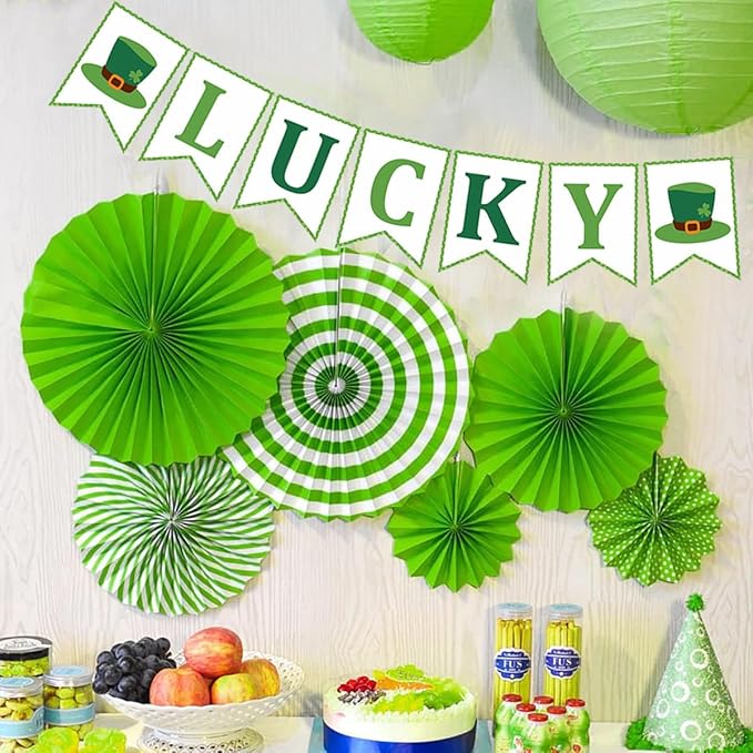 St. Patrick's Day Decorations, St Patty's Saint Decor Accessories for Irish Party Supplies, Including Paper Fan, Glitter Lucky Banner, Shamrock Garlands Clover, Green